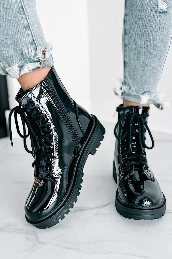 Sticking Firm Patent Combat Boots (Black) - NanaMacs