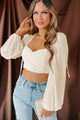 Inexplicably Gorgeous Cut-Out Ruched Long Sleeve Crop Top (Cream) - NanaMacs