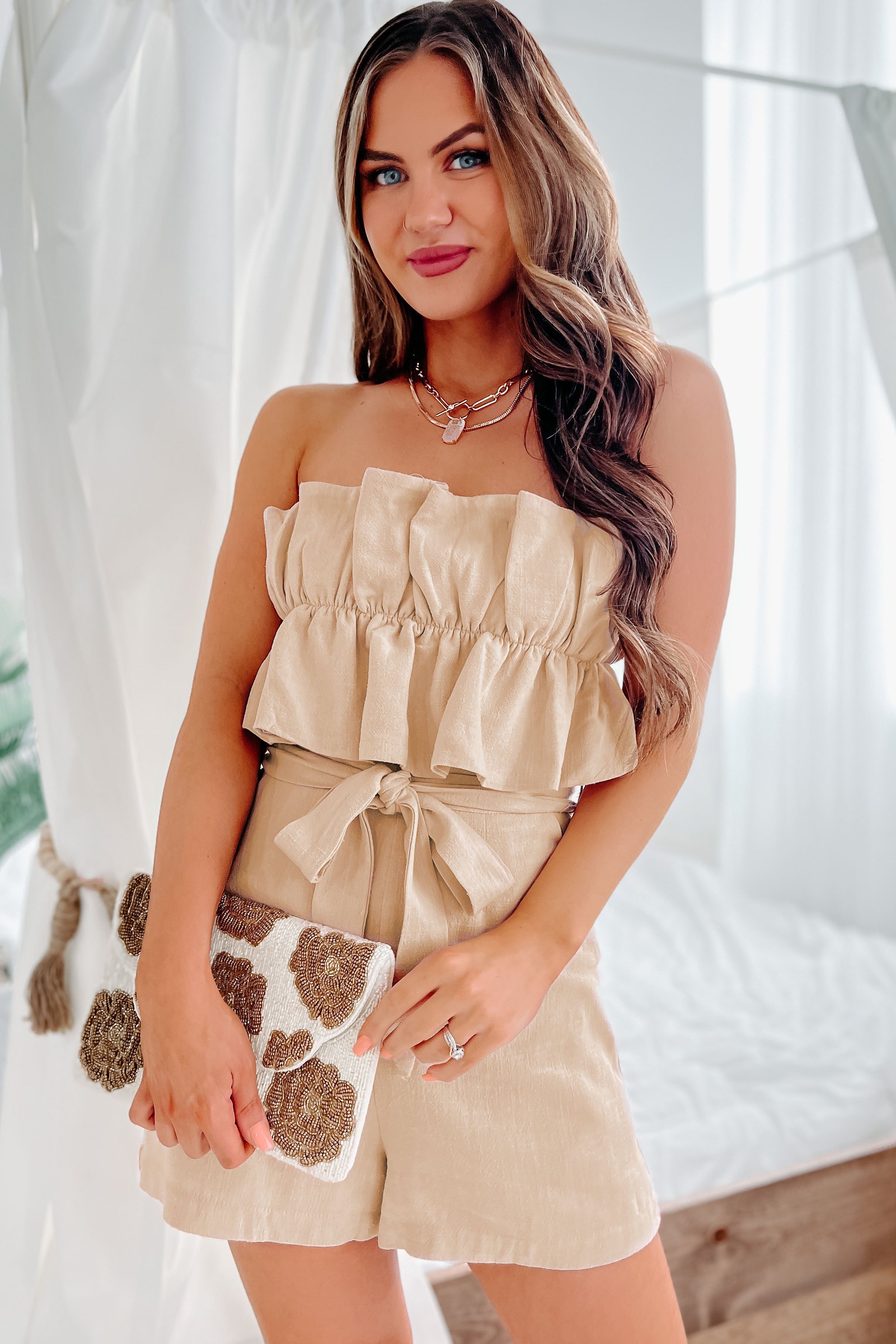 Can't Believe This Ruffled Open Back Romper (Beige) - NanaMacs
