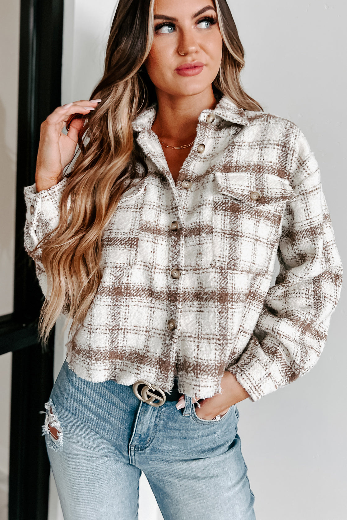 Dreams And Aspirations Plaid Shacket (Cream/Brown) - NanaMacs