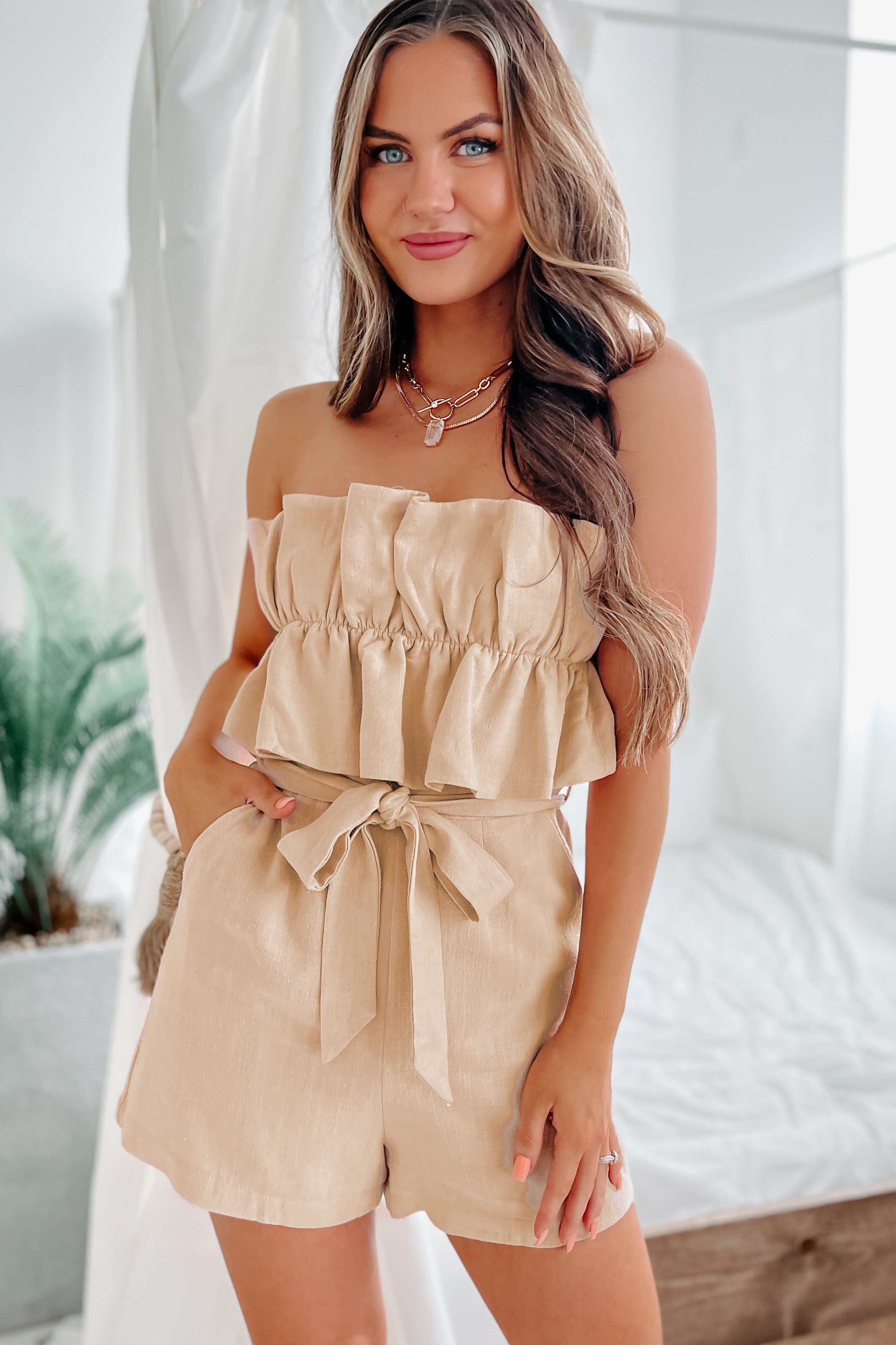 Can't Believe This Ruffled Open Back Romper (Beige) - NanaMacs