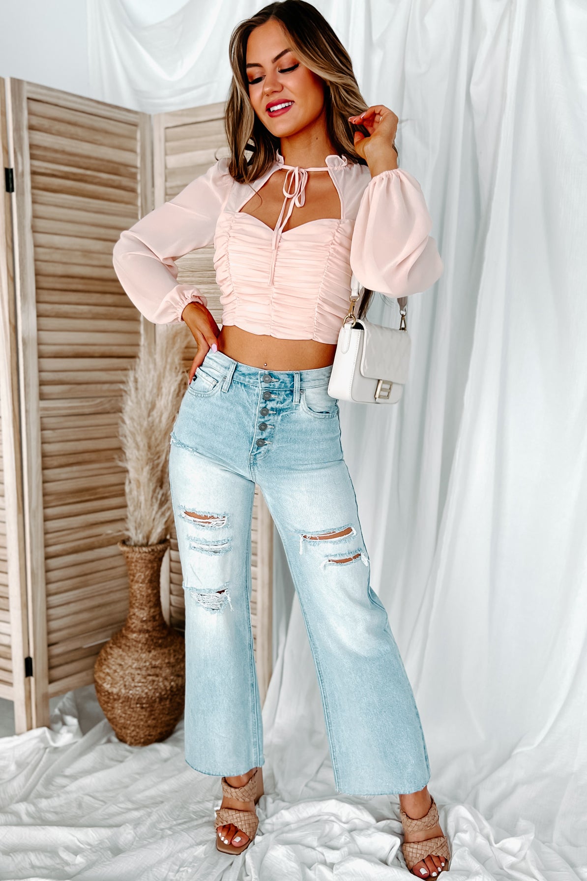 Inexplicably Gorgeous Cut-Out Ruched Long Sleeve Crop Top (Pastel Pink) - NanaMacs