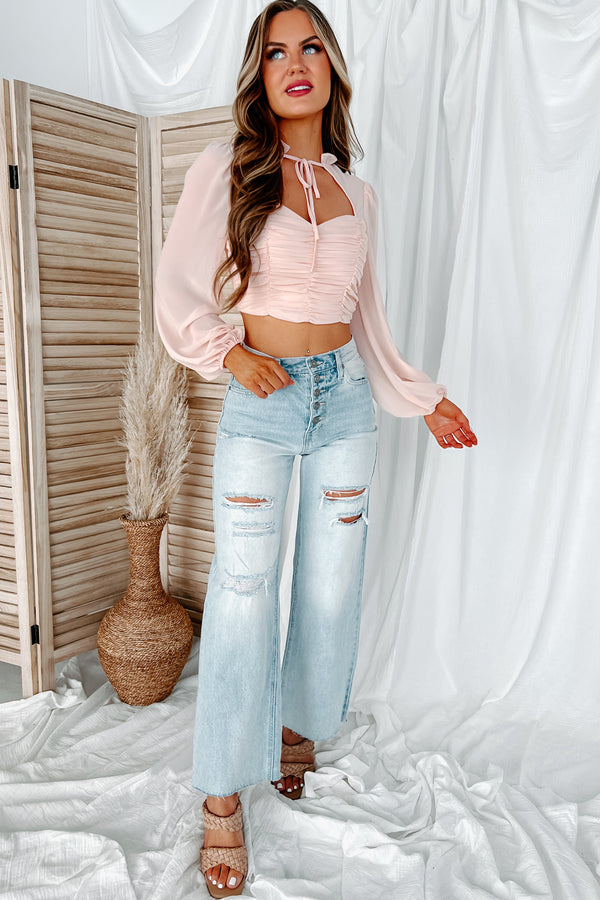 Inexplicably Gorgeous Cut-Out Ruched Long Sleeve Crop Top (Pastel Pink) - NanaMacs