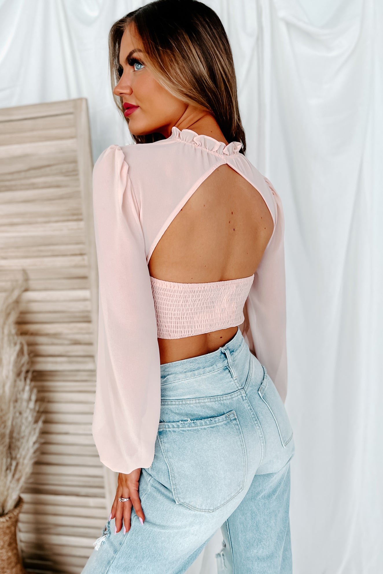 Inexplicably Gorgeous Cut-Out Ruched Long Sleeve Crop Top (Pastel Pink) - NanaMacs