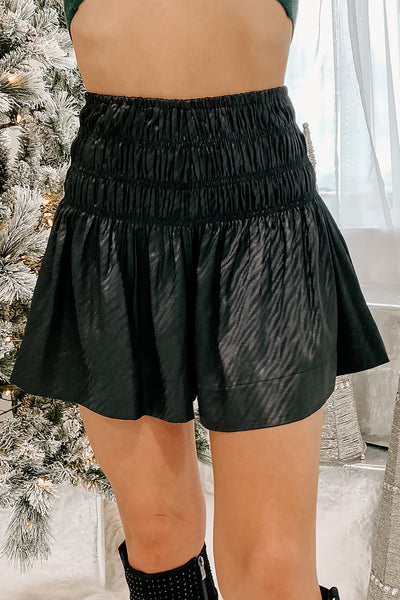 Raneshia Satin Smocked Waist Shorts (Black) - NanaMacs