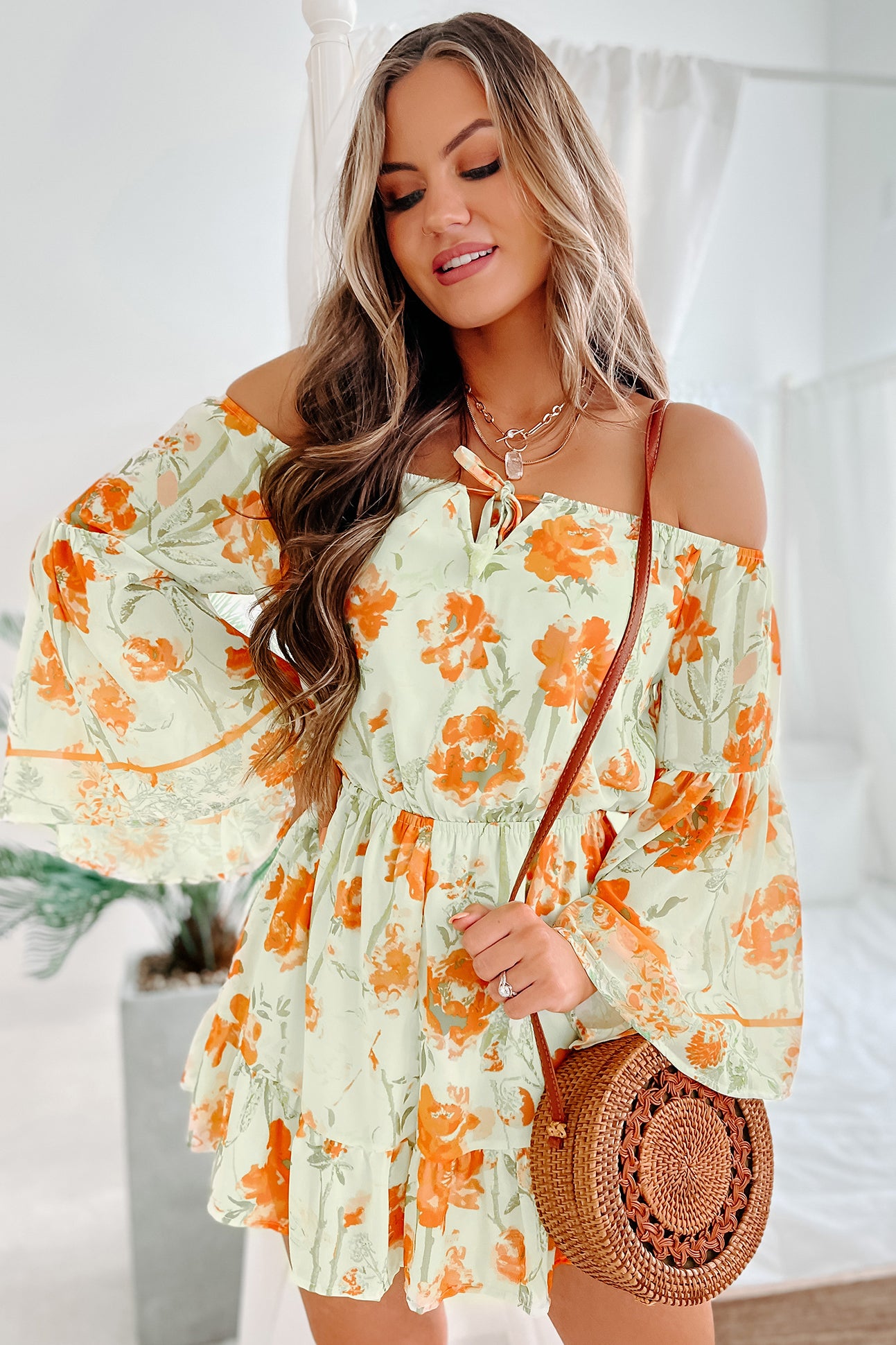 Ready For Spring Floral Off The Shoulder Bell Sleeve Romper (Light Green) - NanaMacs