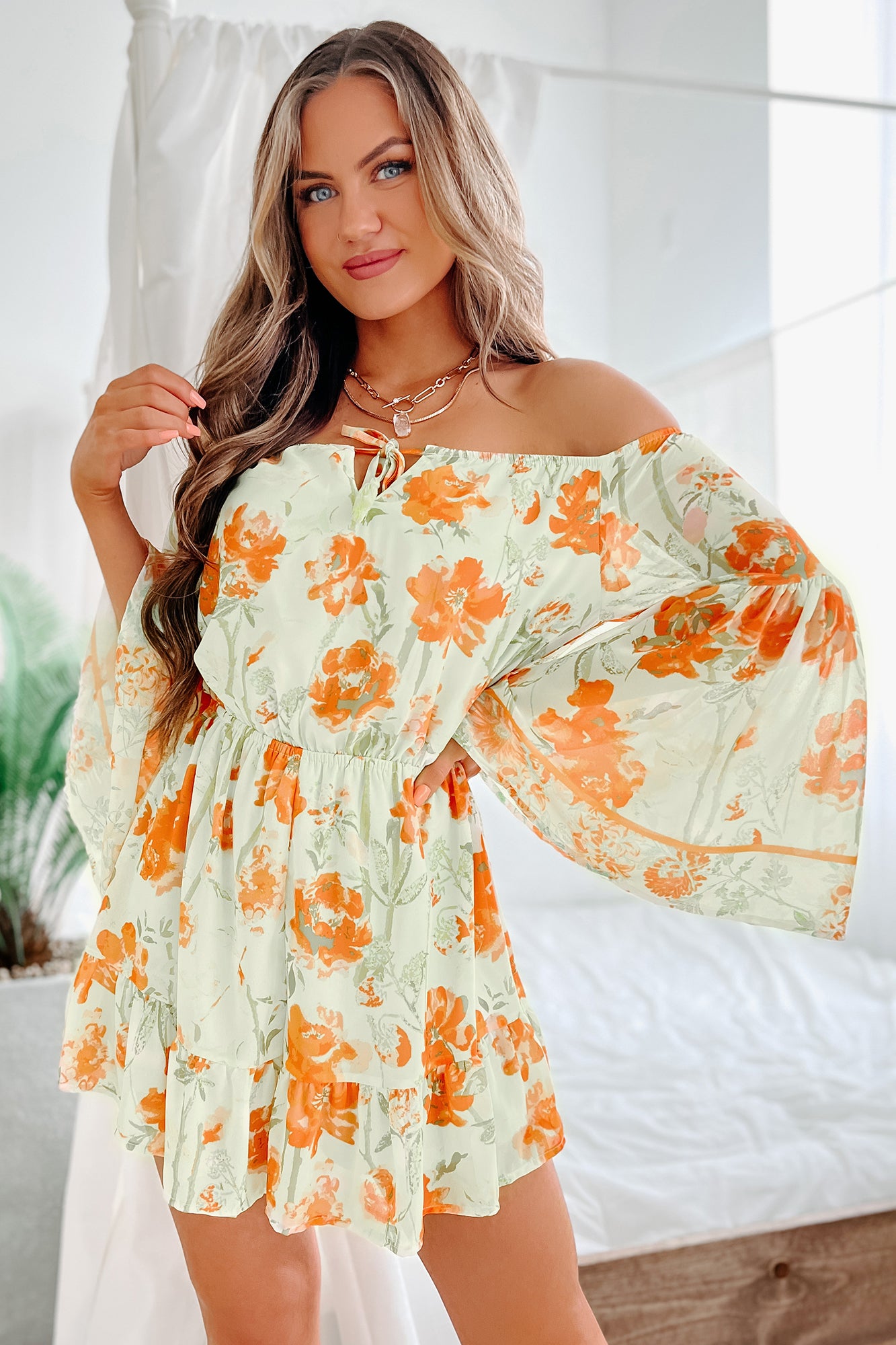 Ready For Spring Floral Off The Shoulder Bell Sleeve Romper (Light Green) - NanaMacs