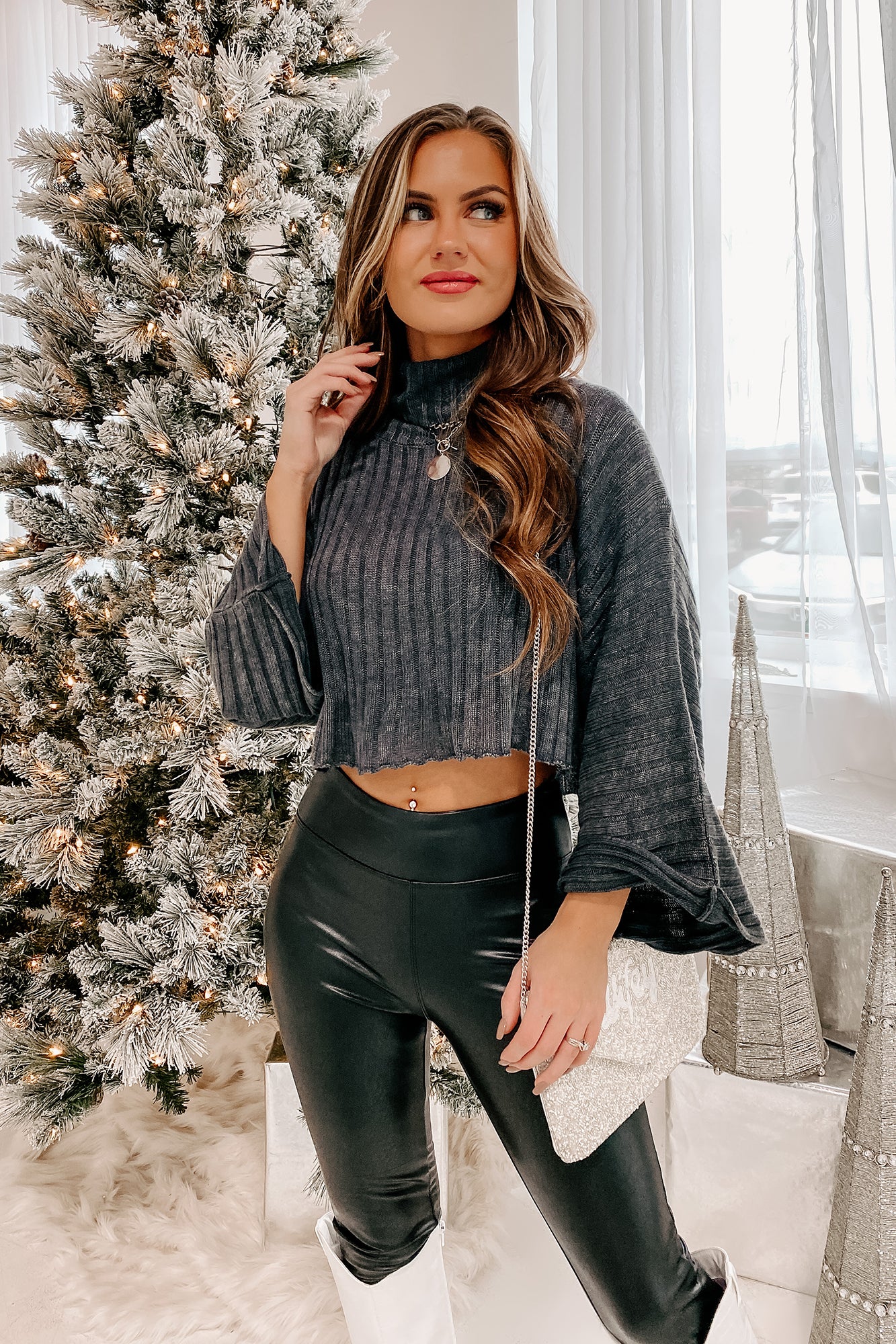 Considering My Options Cropped Turtleneck Sweater (Charcoal) - NanaMacs