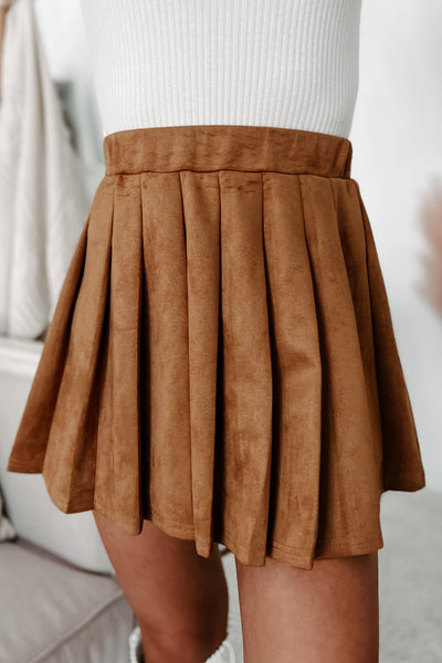 Swept Away Faux Suede Pleated Mini Skirt (Camel) - NanaMacs