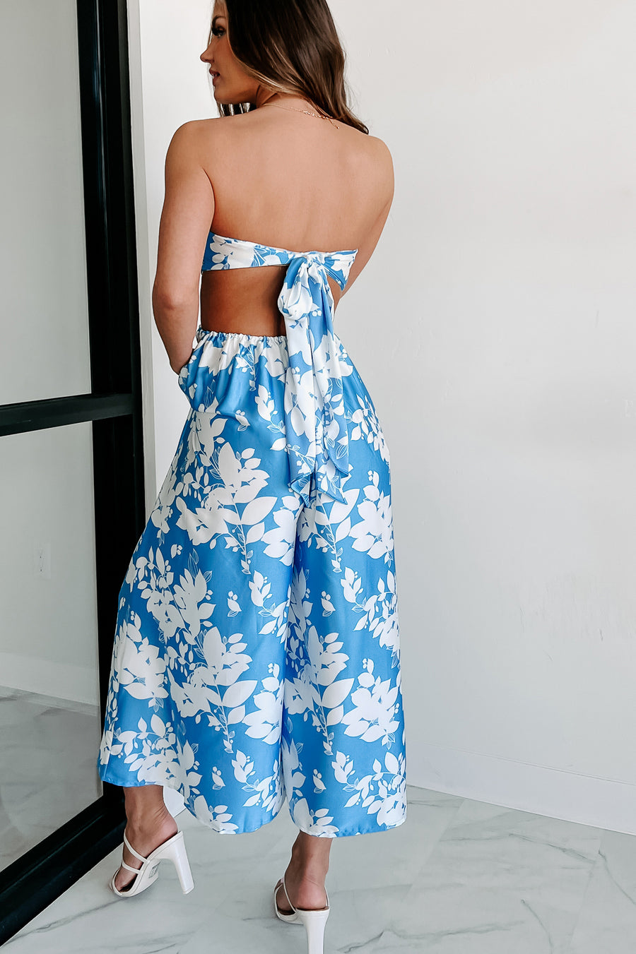 Make Them Jealous Strapless Floral Jumpsuit (Blue/White) - NanaMacs
