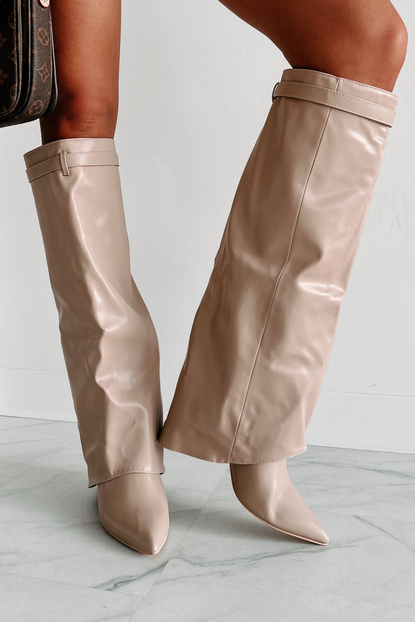 Dream Bigger Faux Leather Knee High Boots (Biege) - NanaMacs