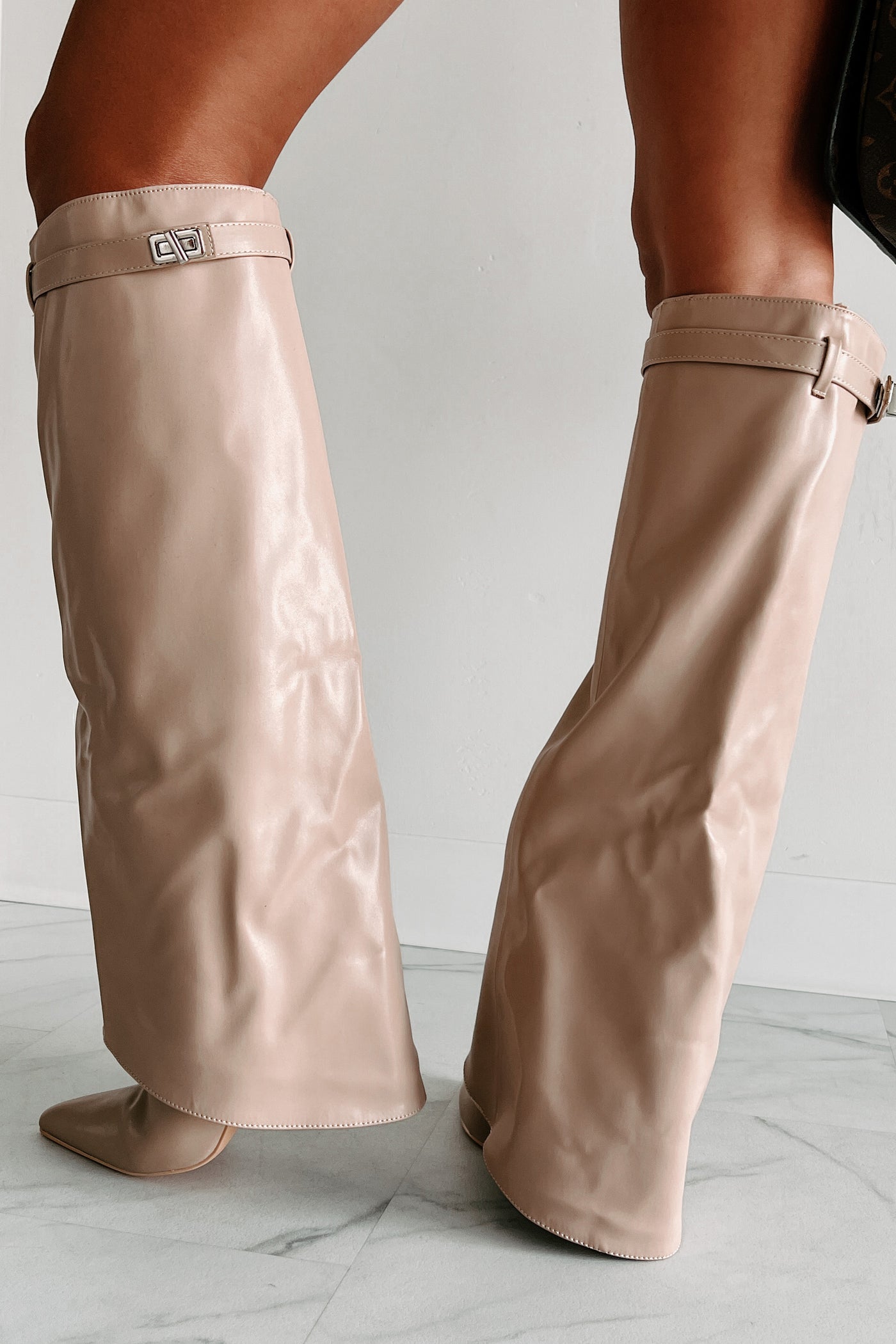 Dream Bigger Faux Leather Knee High Boots (Biege) - NanaMacs