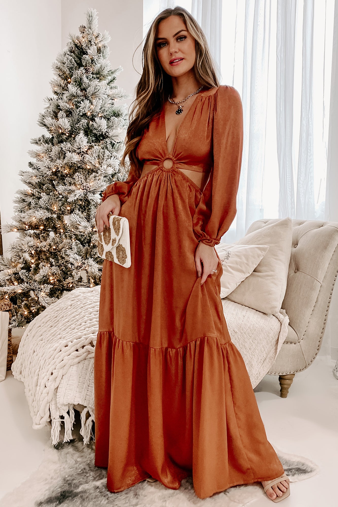 Remember My Name Cut-Out Satin Maxi Dress (Rust) - NanaMacs