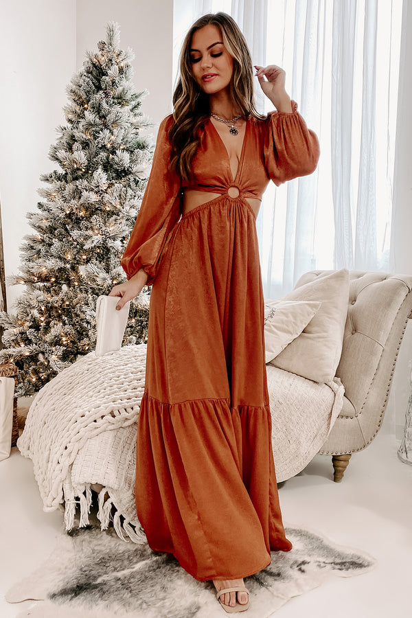 Remember My Name Cut-Out Satin Maxi Dress (Rust) - NanaMacs