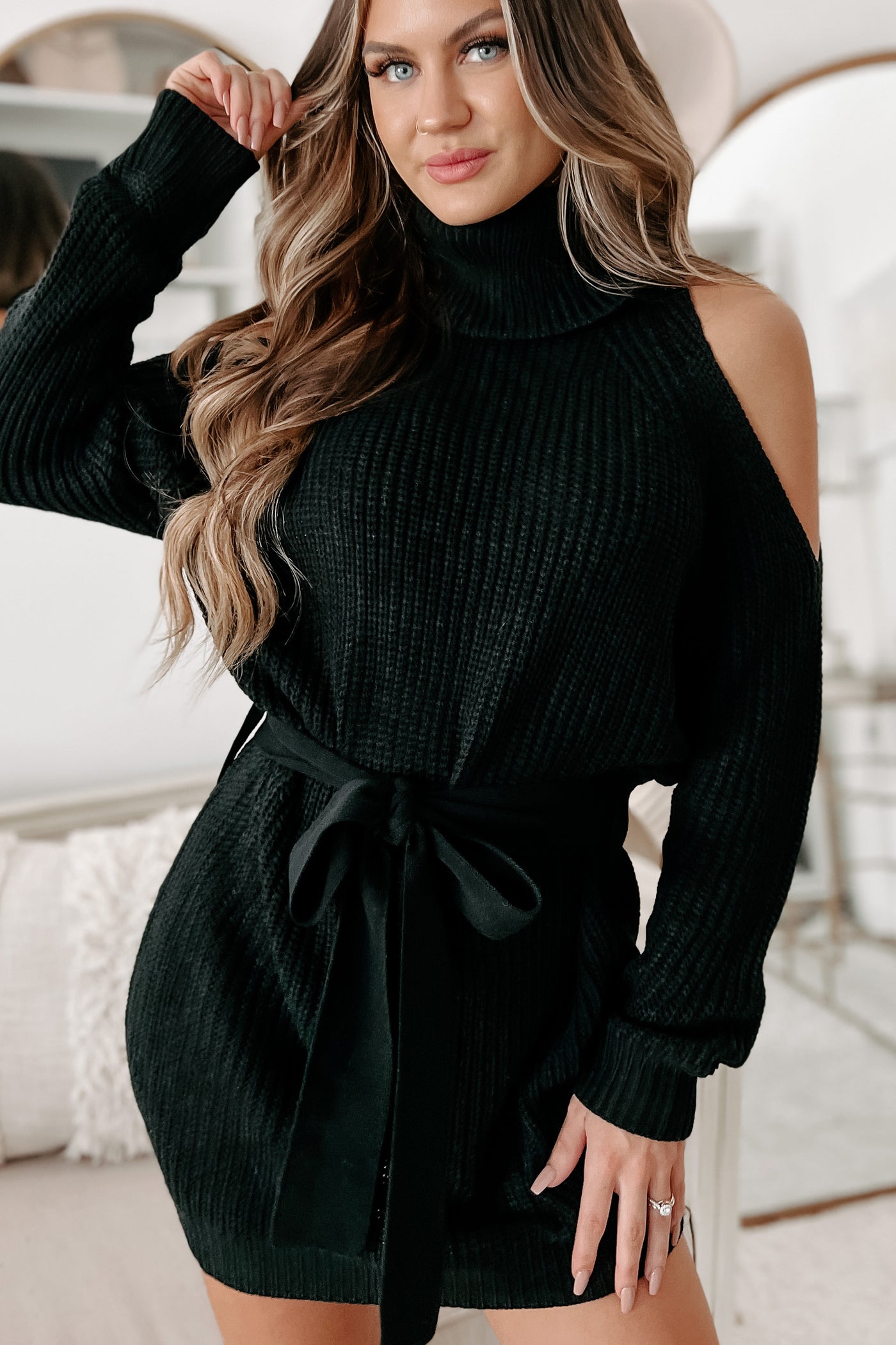 Taking Over My Time Cold Shoulder Sweater Dress (Black) - NanaMacs