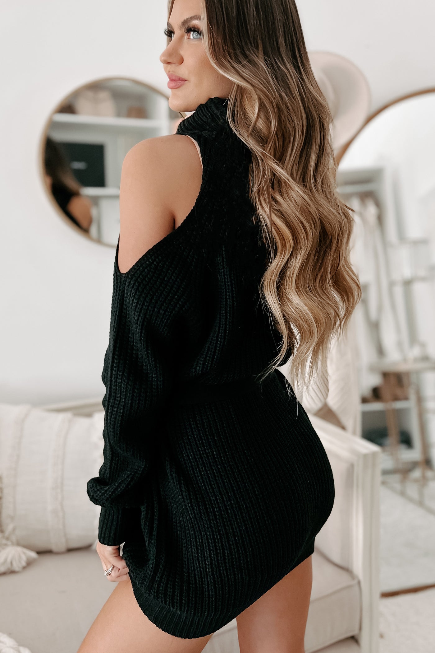 Taking Over My Time Cold Shoulder Sweater Dress (Black) - NanaMacs