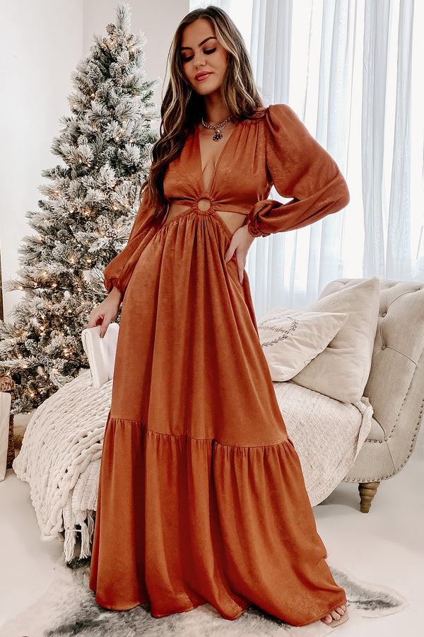 Remember My Name Cut-Out Satin Maxi Dress (Rust) - NanaMacs