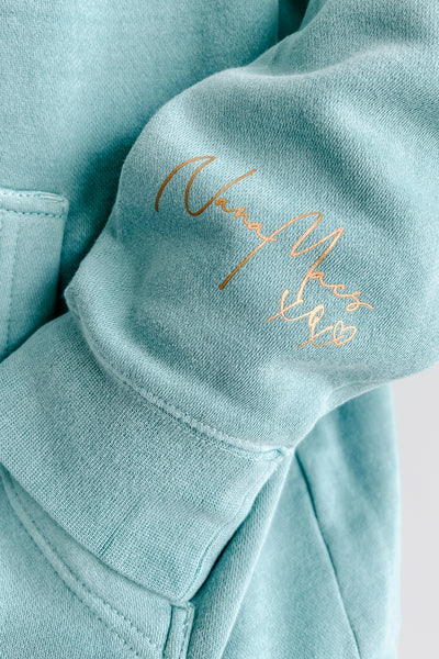 "NanaMacs XOXO" Vintage Wash Graphic Hoodie (Mint/Gold Text-Sleeve) - Print On Demand - NanaMacs