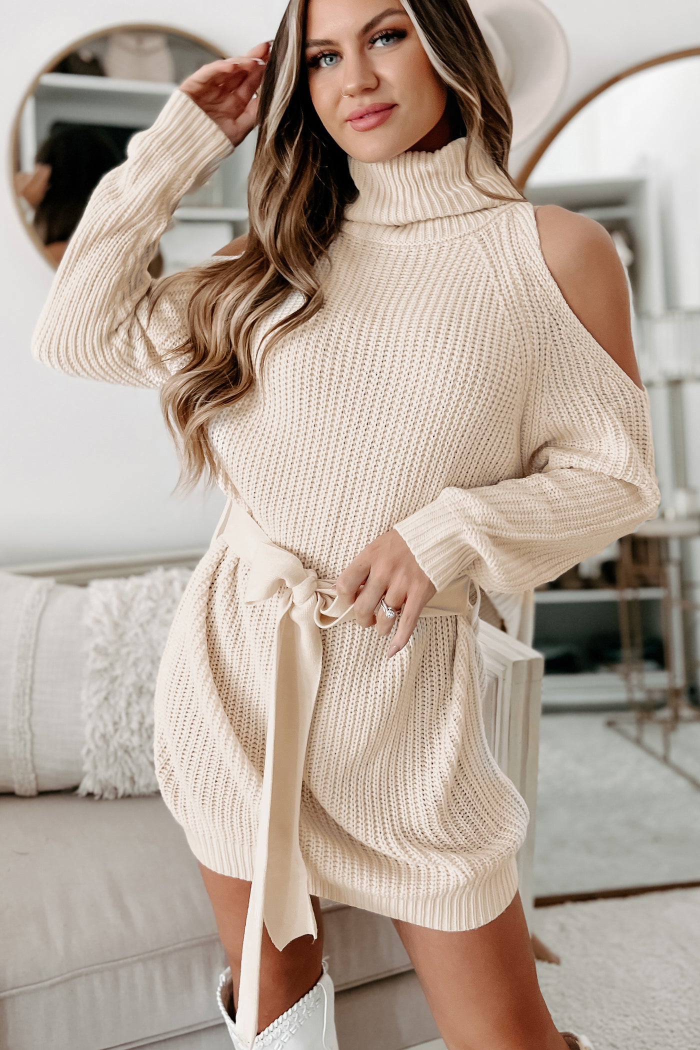 Taking Over My Time Cold Shoulder Sweater Dress (Cream) - NanaMacs