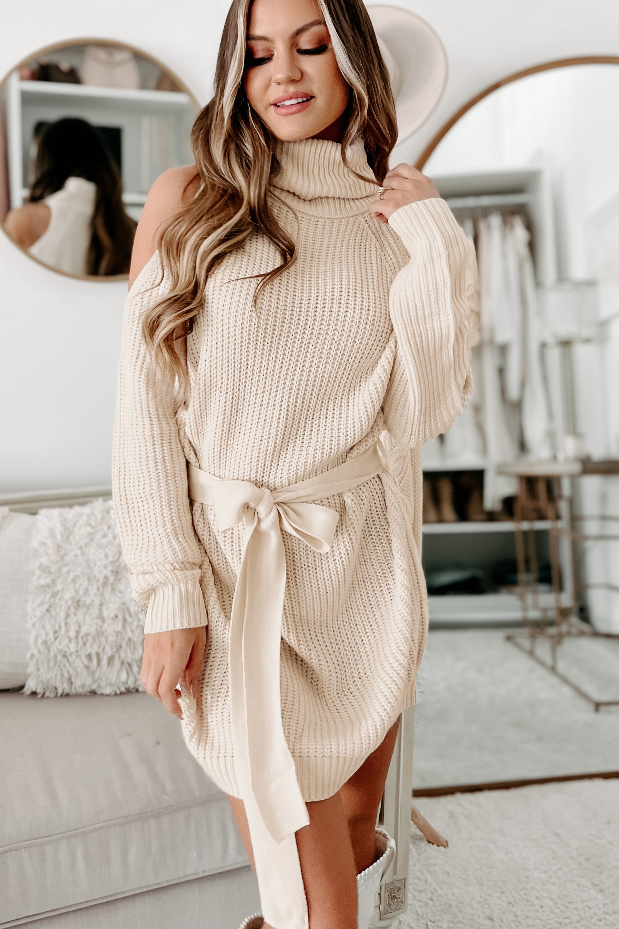 Taking Over My Time Cold Shoulder Sweater Dress (Cream) - NanaMacs