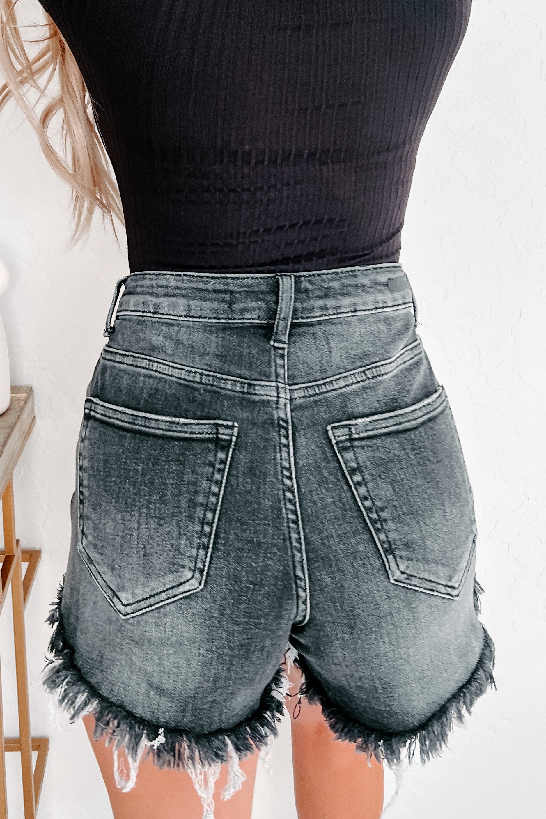 No Looking Back High Rise Distressed Denim Shorts (Dark Grey No Looking Back High Rise Distressed Denim Shorts (Dark Grey