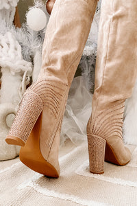 Elegance & Grace Faux Suede Rhinestone Boots (Beige) - NanaMacs