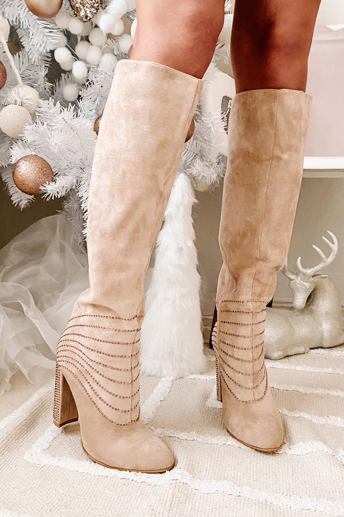Elegance & Grace Faux Suede Rhinestone Boots (Beige) - NanaMacs