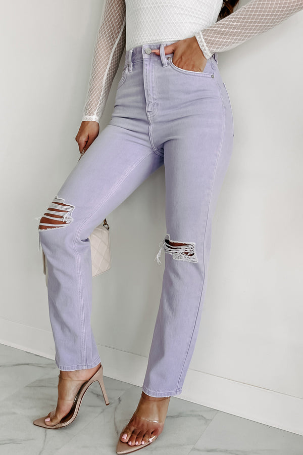 Penelope High Rise Distressed Straight Leg Kancan Jeans (Lavender) - NanaMacs