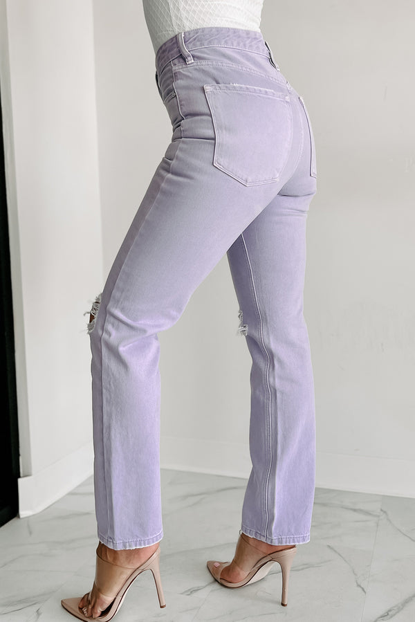 Penelope High Rise Distressed Straight Leg Kancan Jeans (Lavender) - NanaMacs