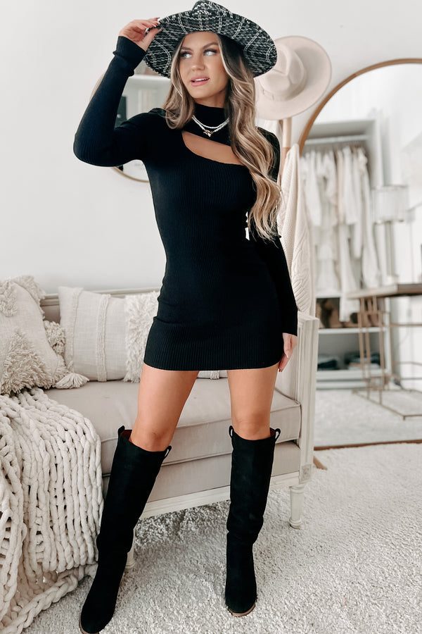 Without Regrets Long Sleeve Asymmetrical Cut Out Mini Dress (Black) - NanaMacs