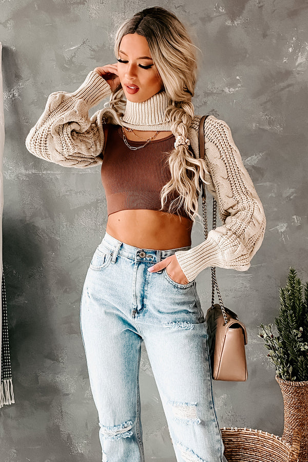 Setting Trends Ultra Crop Cable Knit Top (Beige) - NanaMacs