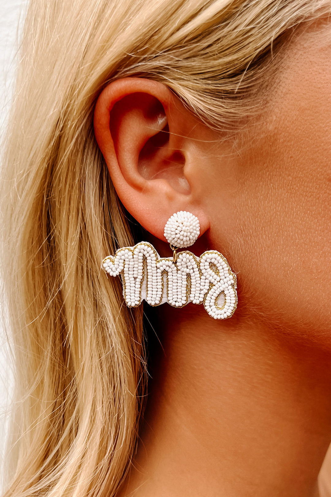 Officially Mrs. Beaded Earrings (White/Gold) - NanaMacs