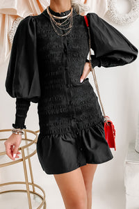 Great Aspirations Long Sleeve Smocked Shirt Dress (Black) - NanaMacs