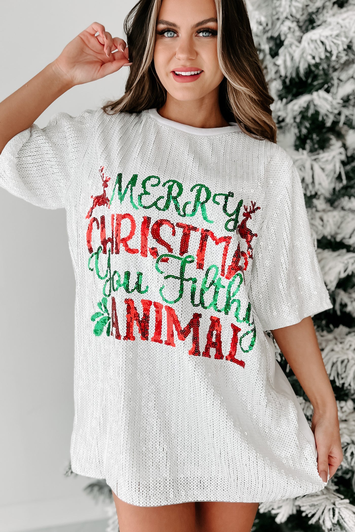Holiday Greetings Sequin T-Shirt Dress (White) - NanaMacs