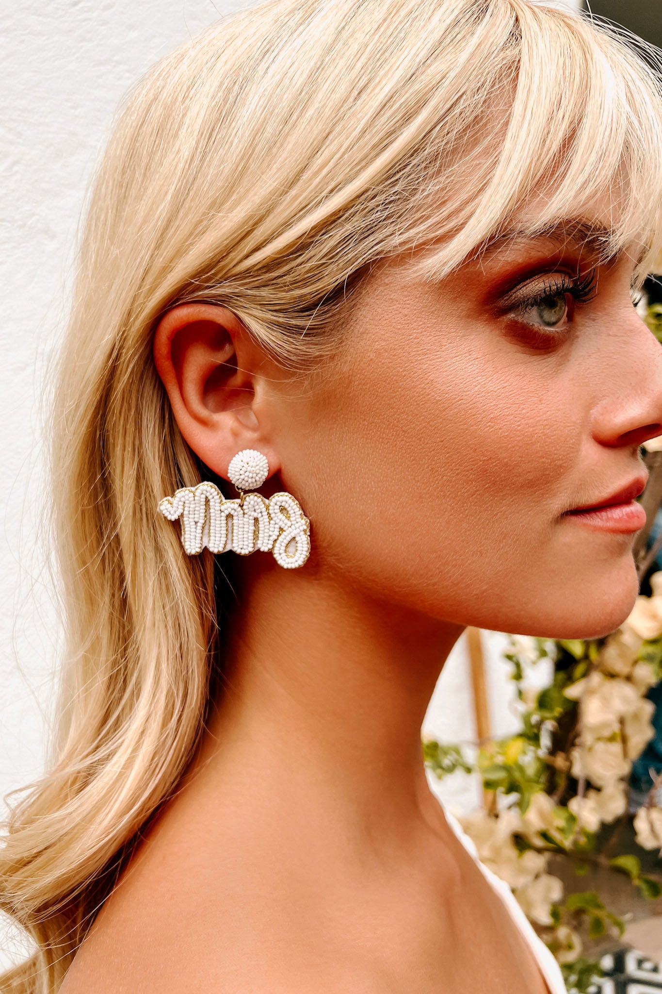 Officially Mrs. Beaded Earrings (White/Gold) - NanaMacs
