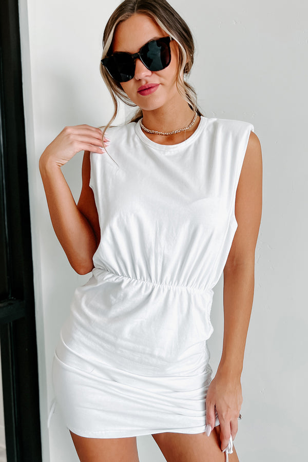 Don't Play Coy Ruched Padded Shoulder Mini Dress (White) - NanaMacs