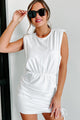 Don't Play Coy Ruched Padded Shoulder Mini Dress (White) - NanaMacs