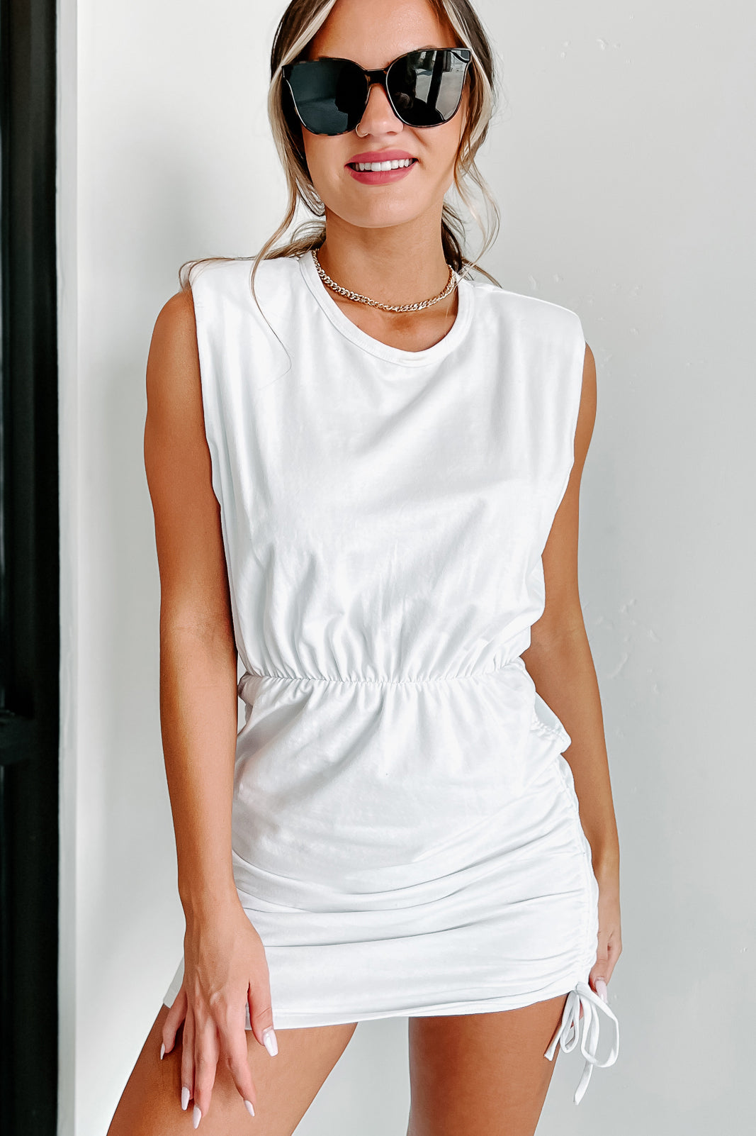 Don't Play Coy Ruched Padded Shoulder Mini Dress (White) - NanaMacs