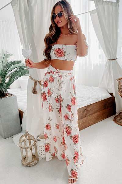 Audrina Floral Crop Top & Wide Leg Pant Two Piece Set (White Coral) - NanaMacs