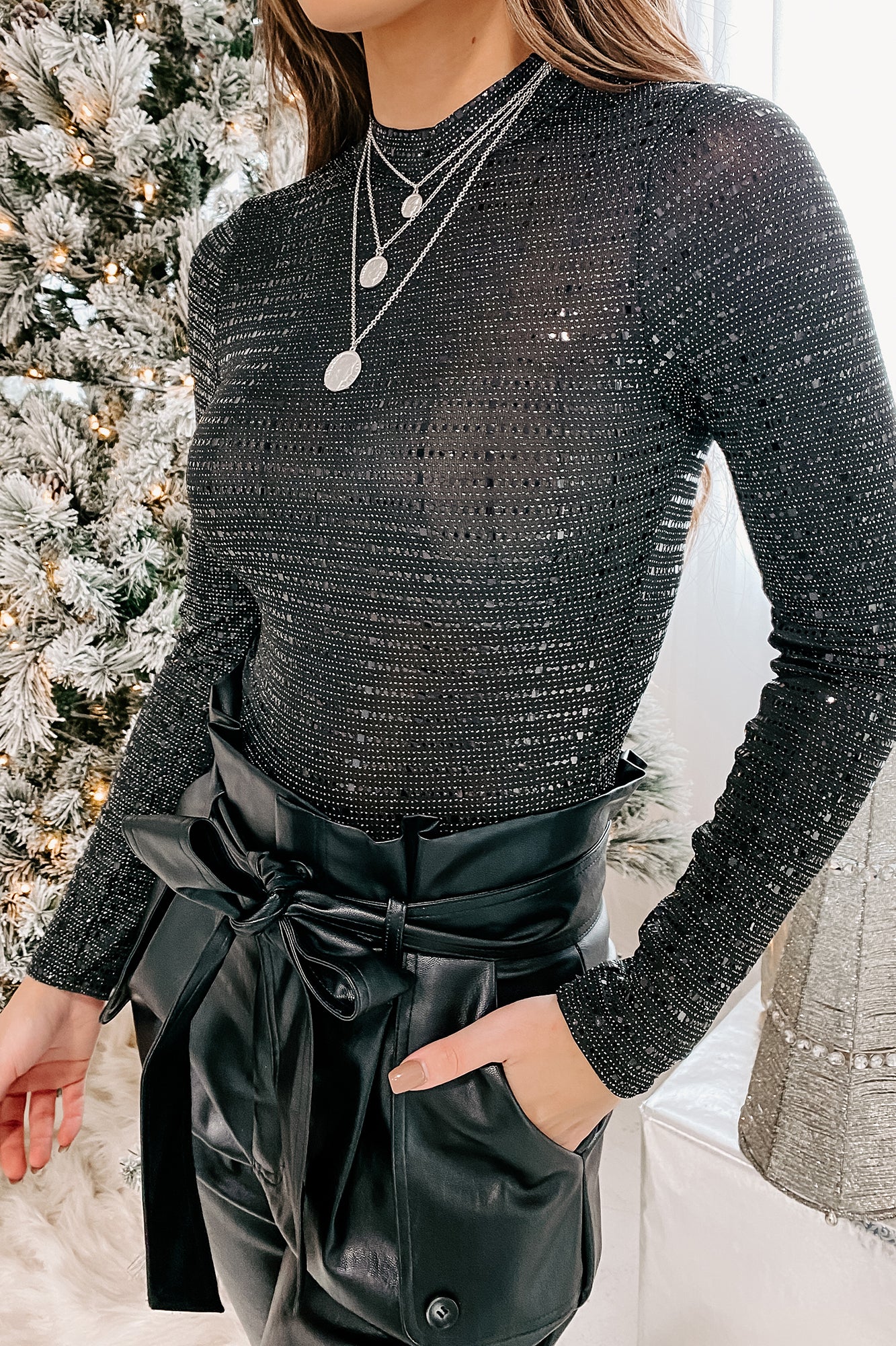 Black Sequin Long Sleeve Bodysuit/Top, Jenerique