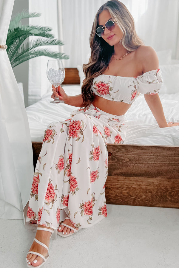 Audrina Floral Crop Top & Wide Leg Pant Two Piece Set (White Coral) - NanaMacs