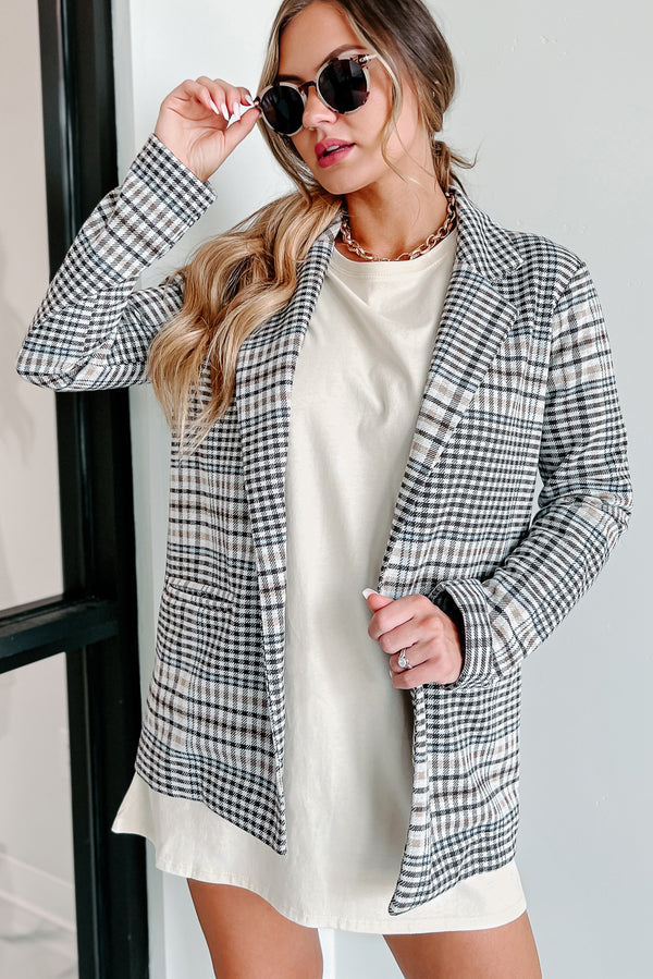 Calculating Moves Plaid Open Front Blazer (Ivory/Brown) - NanaMacs