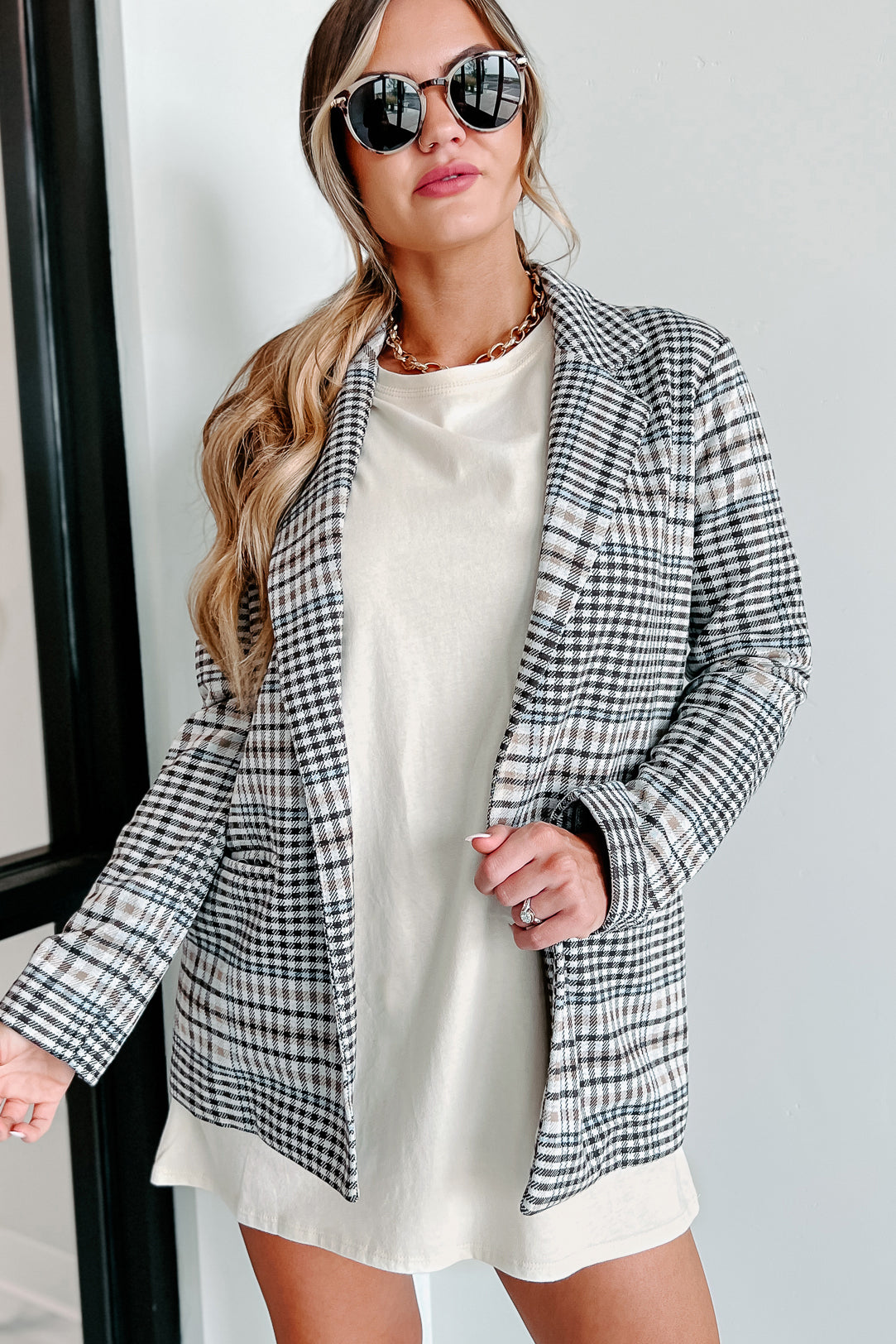 Calculating Moves Plaid Open Front Blazer (Ivory/Brown) - NanaMacs