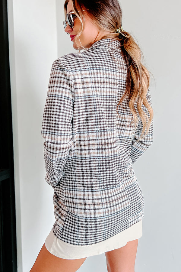 Calculating Moves Plaid Open Front Blazer (Ivory/Brown) - NanaMacs