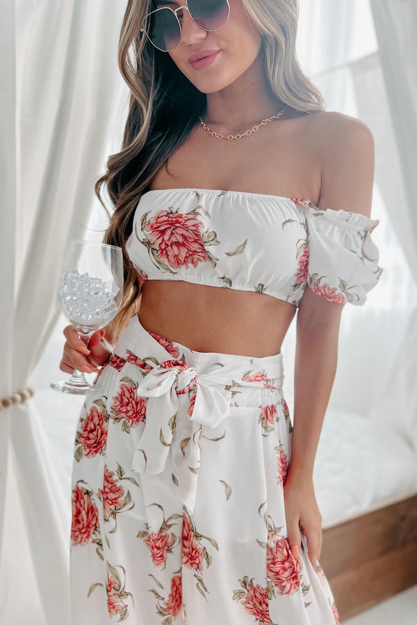 Audrina Floral Crop Top & Wide Leg Pant Two Piece Set (White Coral) - NanaMacs