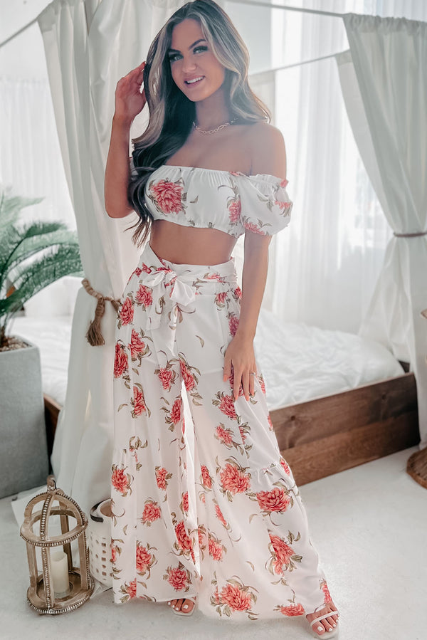 Audrina Floral Crop Top & Wide Leg Pant Two Piece Set (White Coral) - NanaMacs