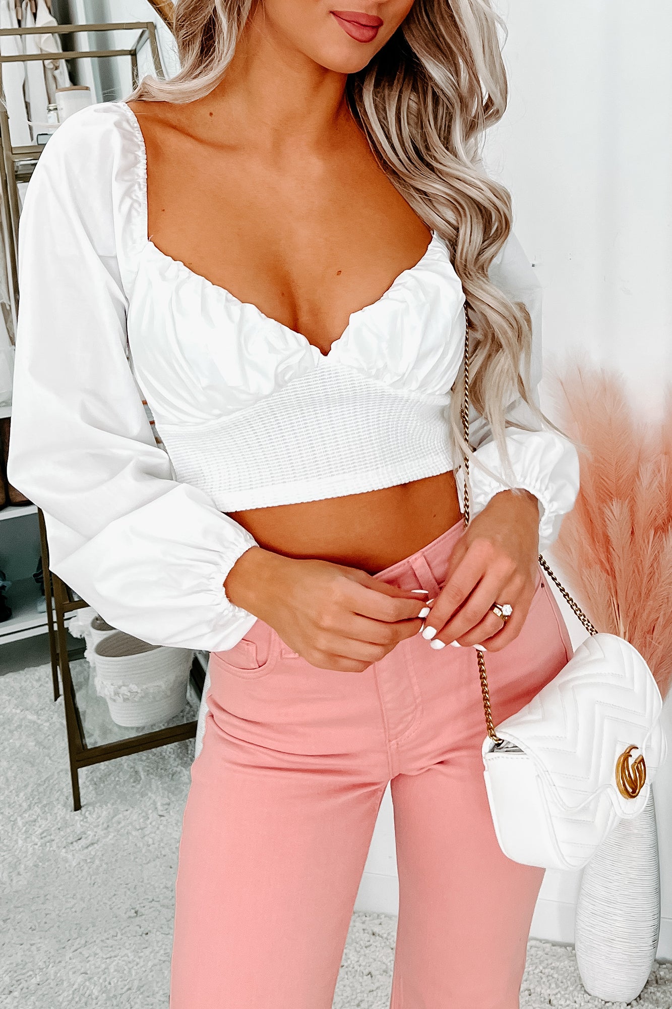 Impressed With You Balloon Sleeve Waffle Detailed Crop Top (Off White) - NanaMacs