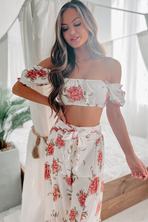 Audrina Floral Crop Top & Wide Leg Pant Two Piece Set (White Coral) - NanaMacs