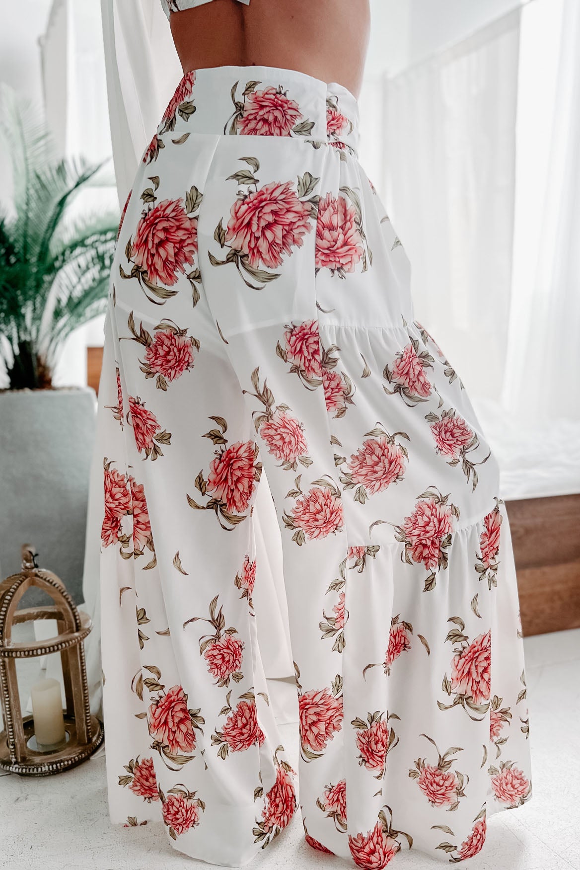 Audrina Floral Crop Top & Wide Leg Pant Two Piece Set (White Coral) - NanaMacs