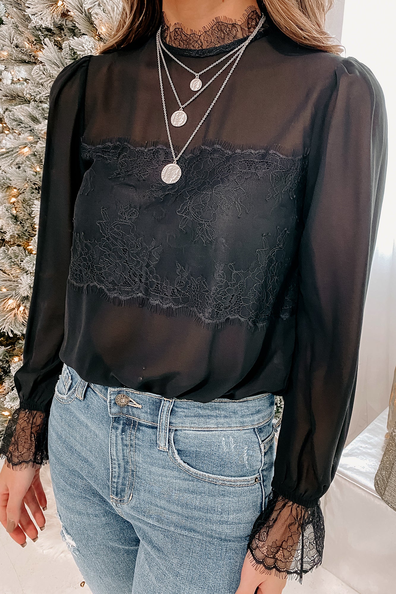 Fashionable Advantage Long Sleeve Lace Trim Bodysuit (Black) - NanaMacs